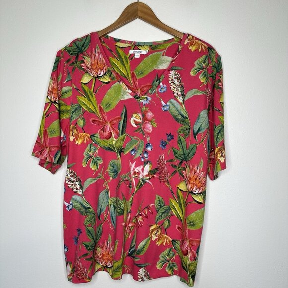 Chicos Pima Cotton Knit Top 2XL Pink Floral Tropical Short sleeve 4 - Picture 1 of 8